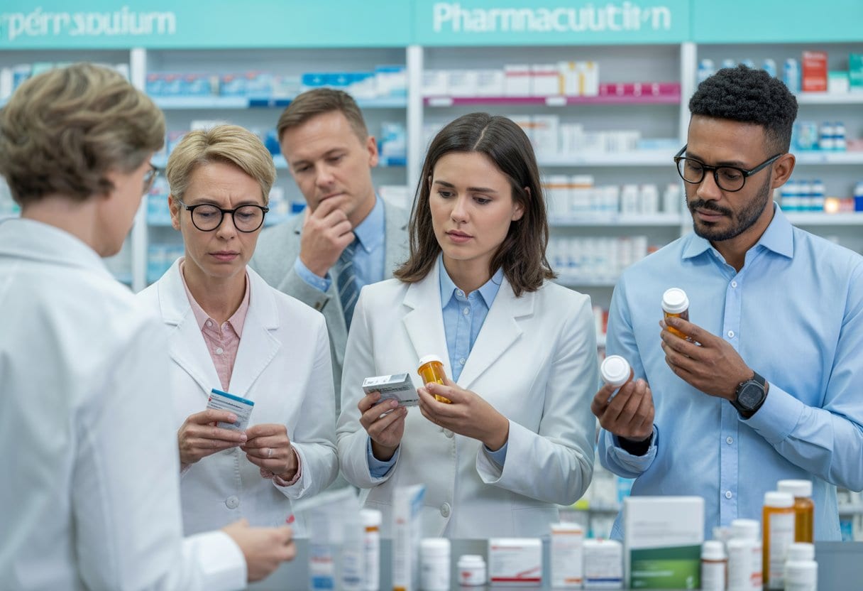 Mehrere Menschen in einer Apotheke betrachten Medikamente und sprechen mit einem Apotheker.