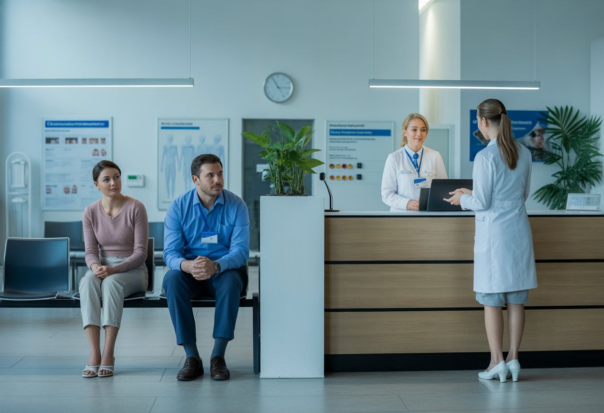 Ein Wartebereich in einer deutschen Arztpraxis mit zwei getrennten Bereichen, in denen Patienten unterschiedlich behandelt werden.