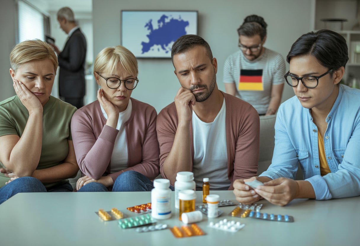 Mehrere Menschen in einem Wohnzimmer betrachten nachdenklich verschiedene Medikamentenpackungen auf einem Tisch.