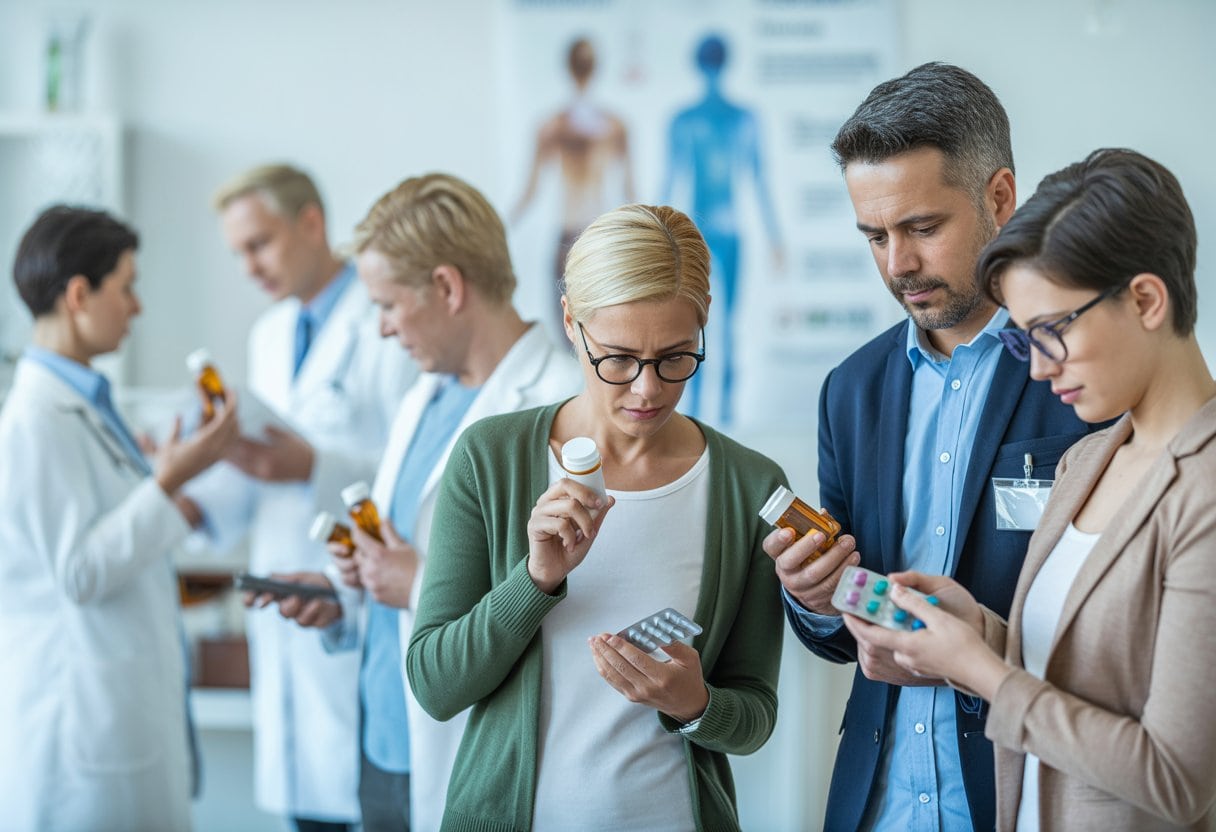 Mehrere Menschen in einer modernen medizinischen Umgebung betrachten verschreibungspflichtige Medikamente, während ein Arzt im Hintergrund mit einem Patienten spricht.