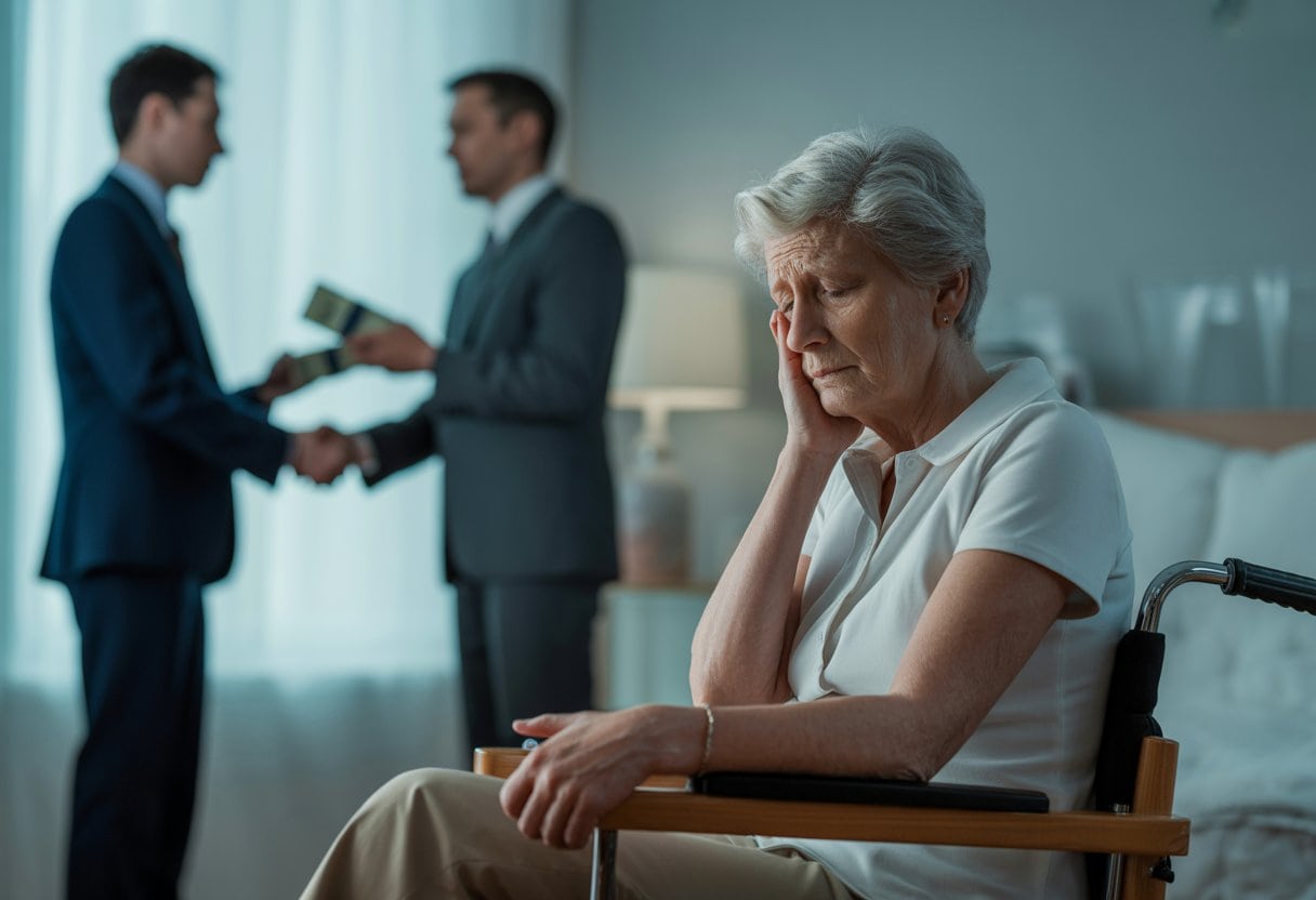 Eine ältere Frau sitzt traurig allein in einem Pflegeheimzimmer, im Hintergrund sind verschwommene Geschäftsleute zu sehen, die Hände schütteln und Geld zählen.