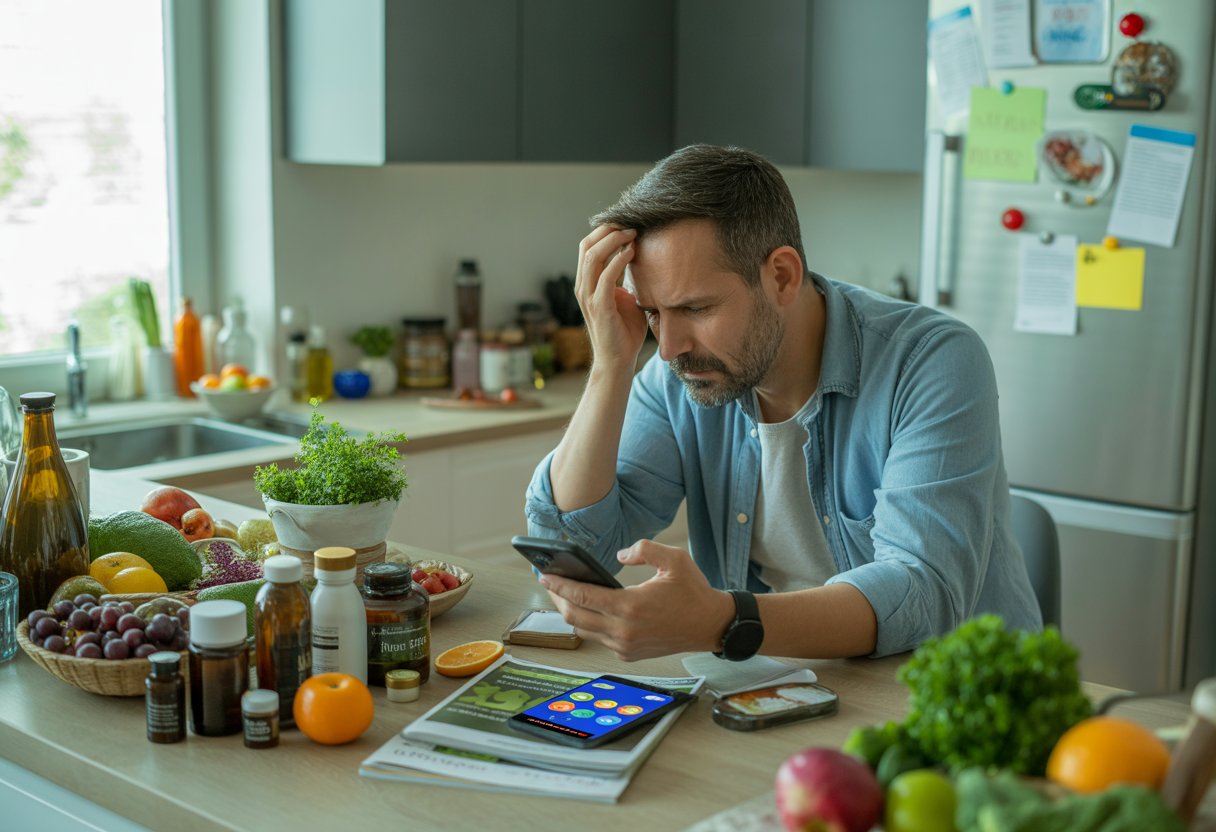 Ein gestresster Mann in einer Küche mit vielen gesunden Lebensmitteln und Nahrungsergänzungsmitteln, der besorgt auf sein Handy schaut.