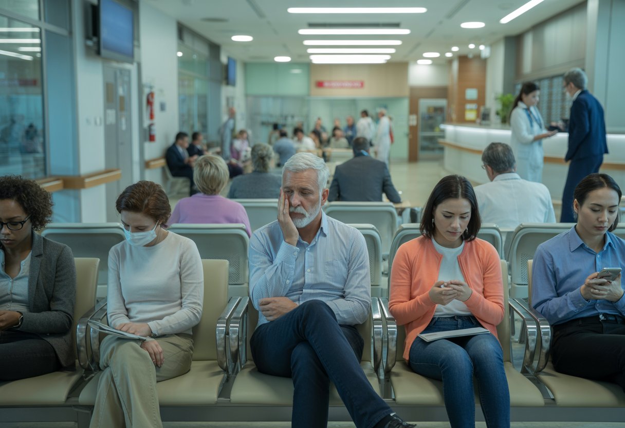 Ein modernes Krankenhaus-Wartezimmer mit wartenden Patienten und medizinischem Personal im Hintergrund.