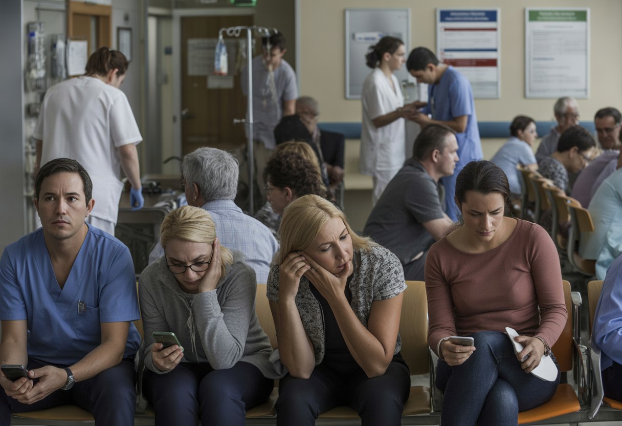 Überfüllter Krankenhauswartebereich mit wartenden Patienten und beschäftigtem medizinischem Personal.