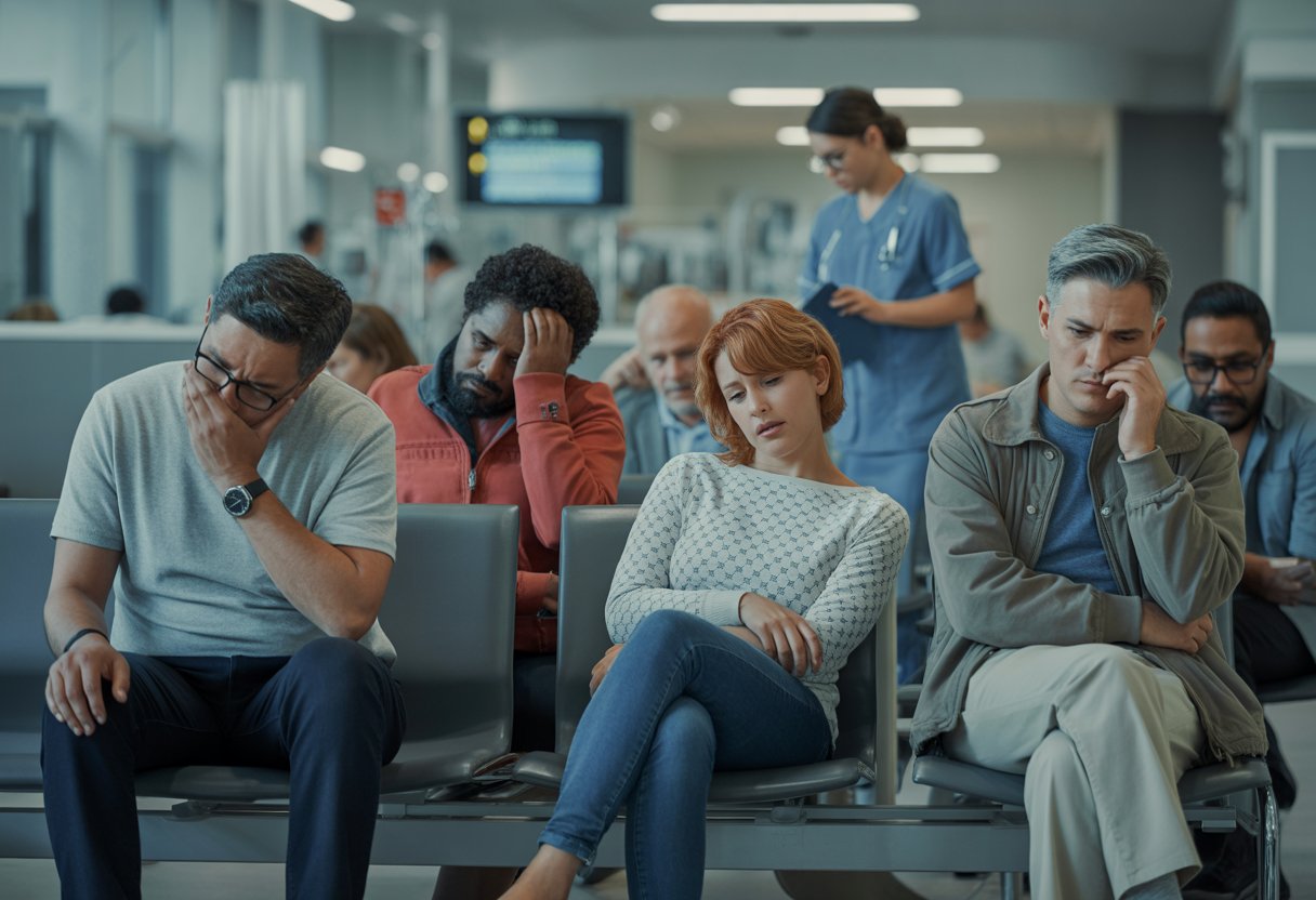 Wartezimmer eines Krankenhauses mit wartenden Patienten und medizinischem Personal im Hintergrund.