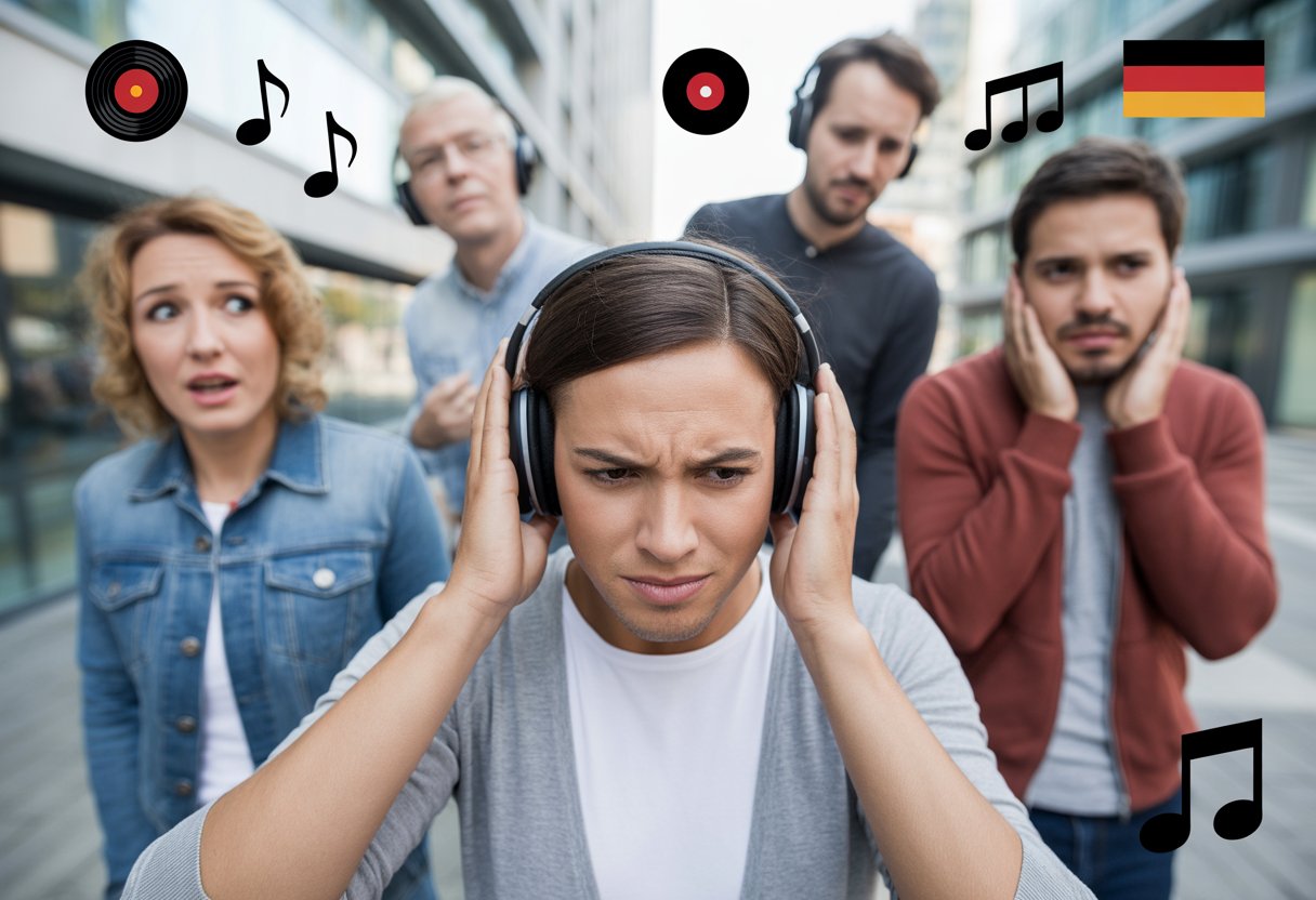 Eine Gruppe unterschiedlicher Menschen zeigt verwirrte und genervte Gesichtsausdrücke, während sie Musik hören, in einer modernen Stadtumgebung.