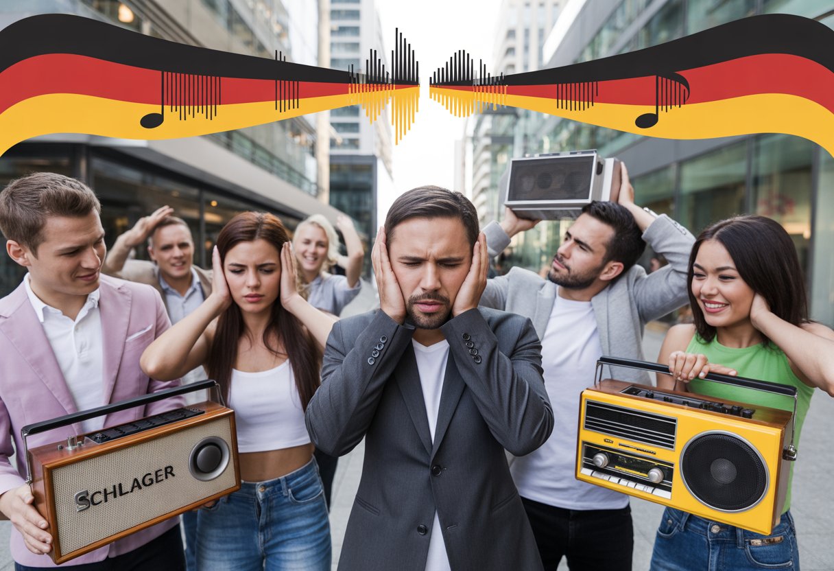 Menschen in einer Stadt zeigen unterschiedliche Reaktionen auf deutsche Schlager-Musik, einige hören zu, andere halten sich die Ohren zu.