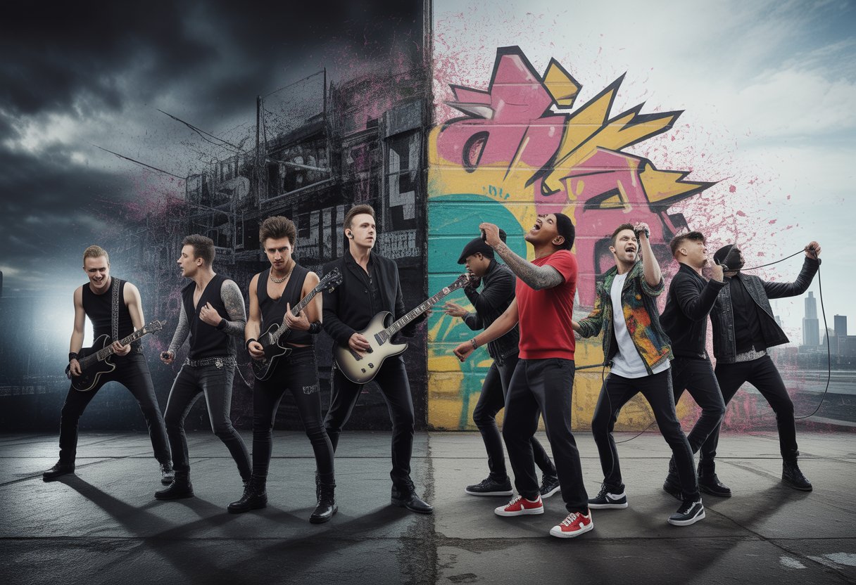 Zwei Gruppen von Musikern, eine mit Rockern und eine mit Rappern, stehen nebeneinander vor einer Bühne mit Stadtgraffiti im Hintergrund.