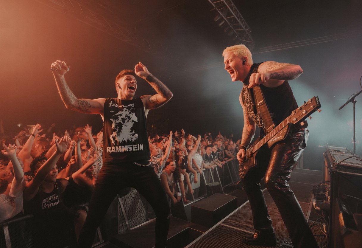 Ein lebhaftes Konzert mit einem Sänger und einem Rapper auf der Bühne vor einem begeisterten Publikum.