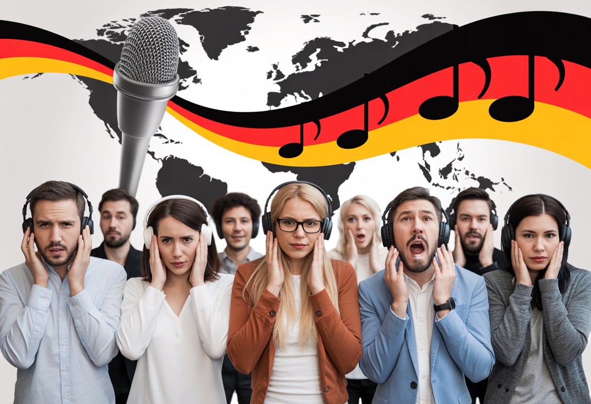 Menschen verschiedener Herkunft hören Musik mit Kopfhörern und zeigen unterschiedliche Reaktionen vor einer unscharfen Weltkarte im Hintergrund.