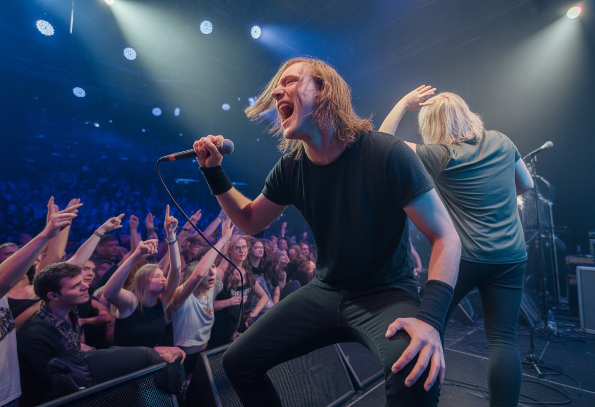 Eine lebhafte Konzertszene mit einer Rockband und einem Rapper auf der Bühne vor einem begeisterten Publikum.