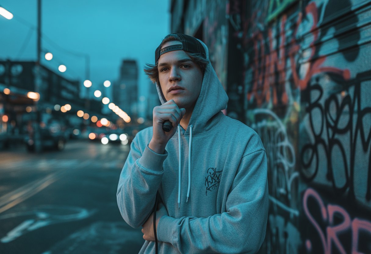 Ein nachdenklicher junger männlicher Rapper steht an einer Straßenecke mit Graffiti im Hintergrund bei Dämmerung.