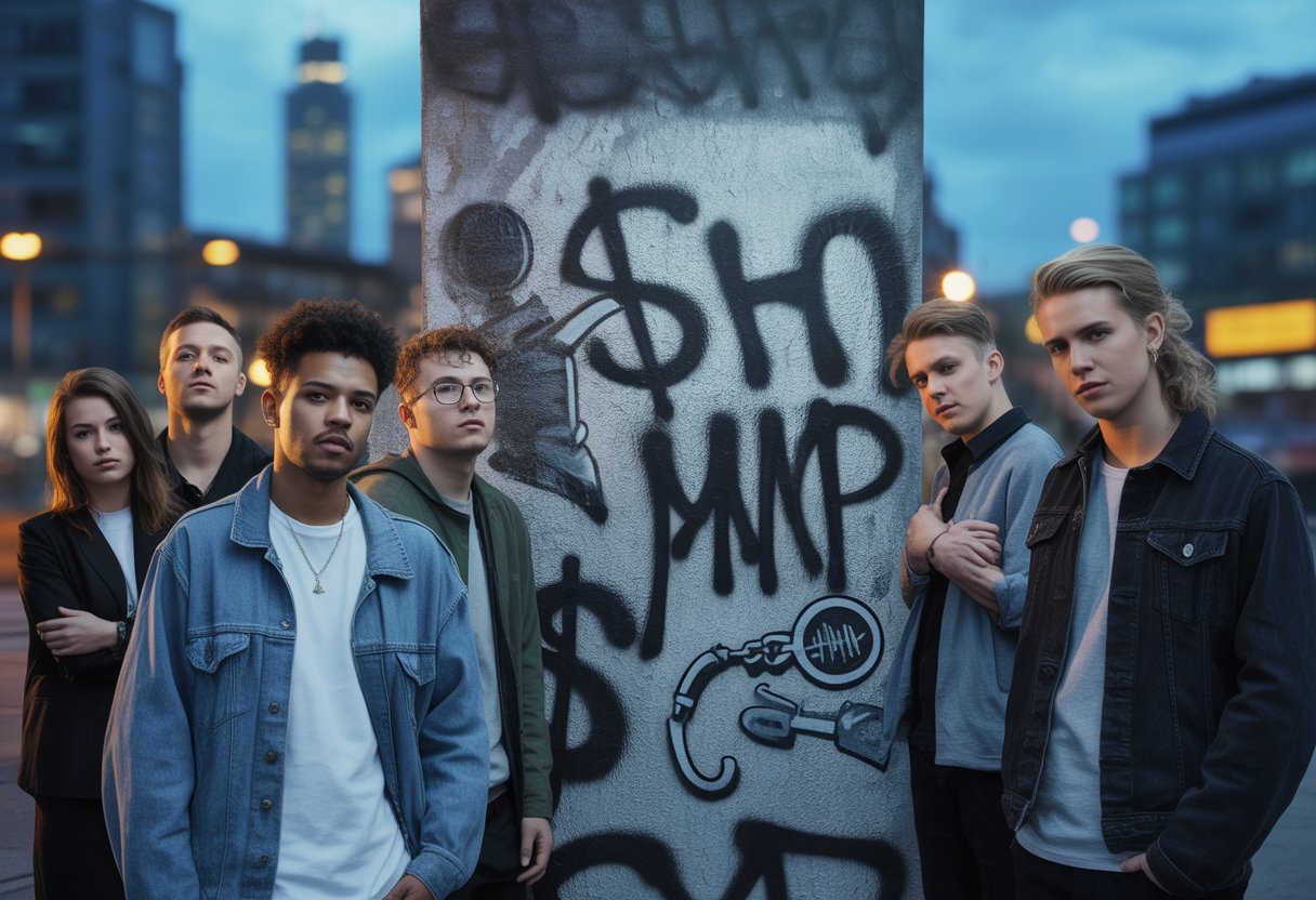 Eine Gruppe junger Erwachsener steht vor einer mit Graffiti bedeckten Wand in einer Stadt, mit nachdenklichen und entschlossenen Gesichtsausdrücken.