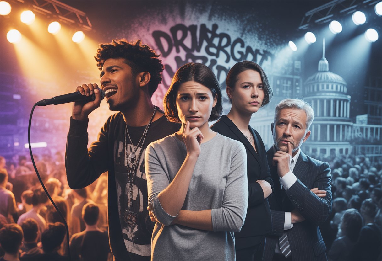 Ein junger Rapper tritt auf einer Bühne auf, während eine Gruppe besorgter Menschen ihm gegenübersteht.