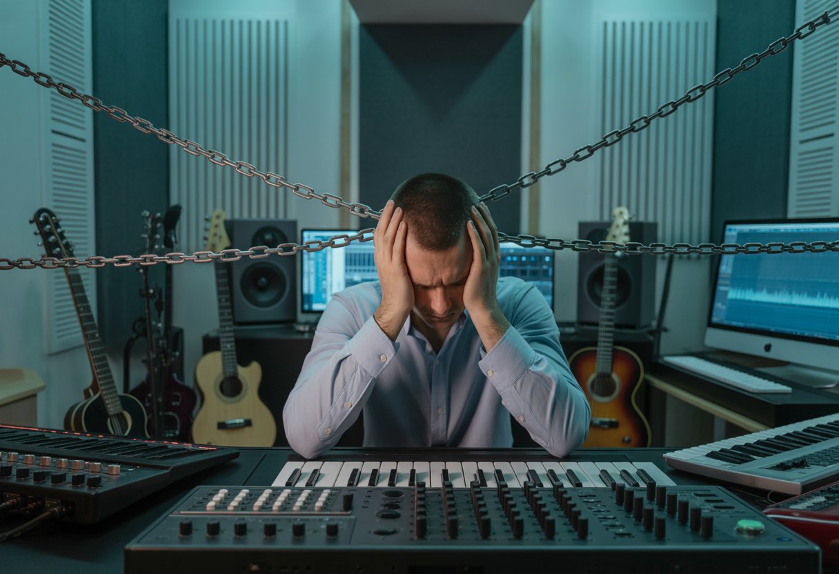 Ein frustrierter Musikproduzent sitzt in einem Tonstudio und hält sich den Kopf in den Händen, umgeben von Musikinstrumenten und Technik.