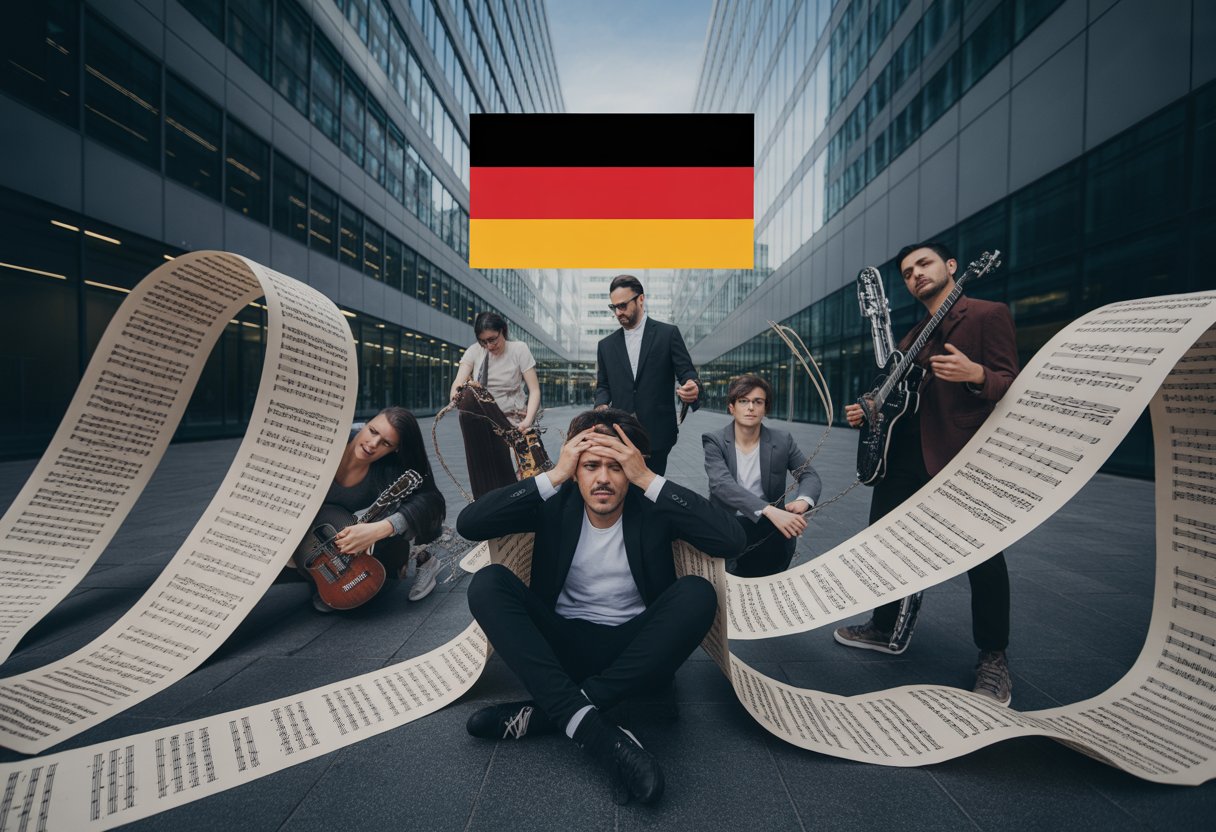 Eine Gruppe von Musikern wirkt in einer städtischen Umgebung frustriert, umgeben von symbolischen Ketten aus Notenblättern und Dokumenten, vor einem Bürogebäude mit deutscher Flagge.