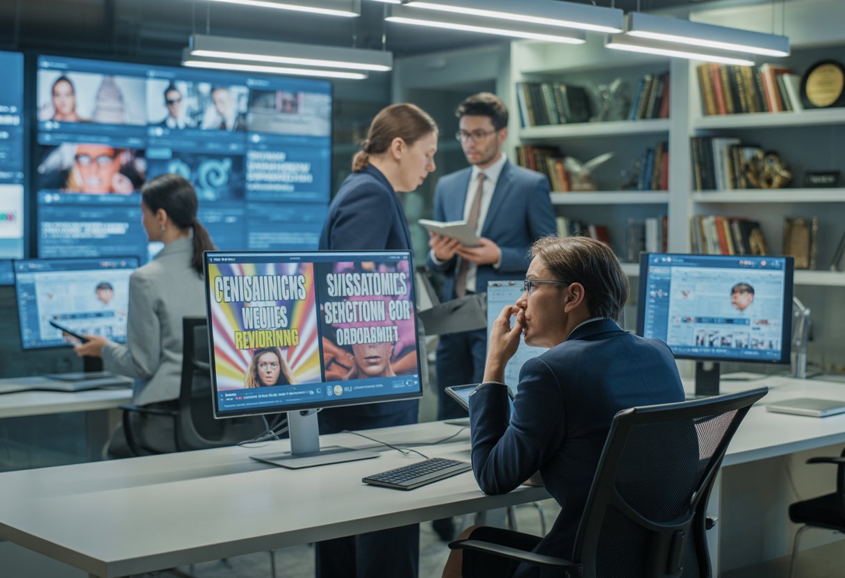 Ein moderner Nachrichtenraum mit Journalisten, die zwischen reißerischen Schlagzeilen auf Bildschirmen und ernsthafter Recherche hin- und hergerissen wirken.
