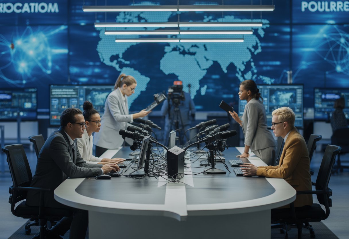 Mehrere Journalisten arbeiten konzentriert in einem modernen Nachrichtenstudio mit Computern und Kameras.