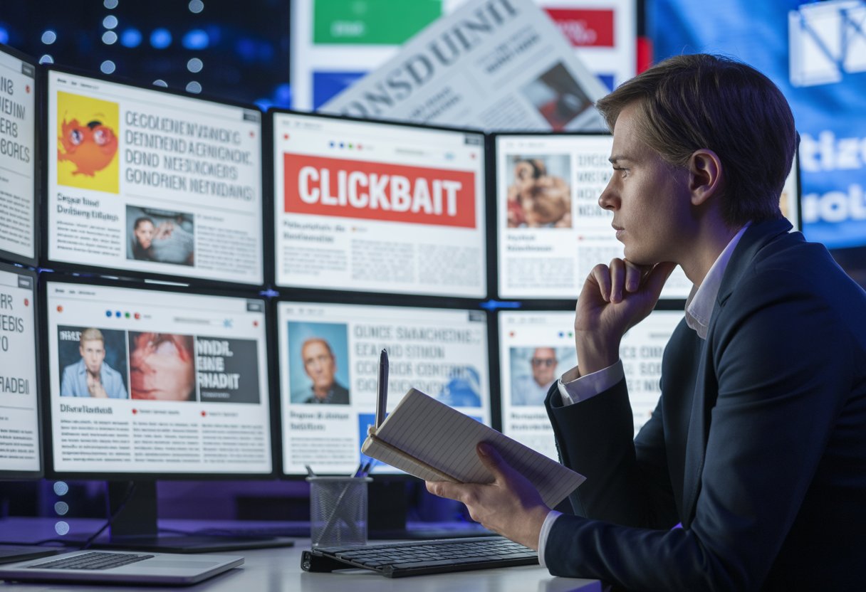 Ein Journalist in einem modernen Newsroom betrachtet mehrere Bildschirme mit auffälligen Nachrichtenüberschriften und Bildern.