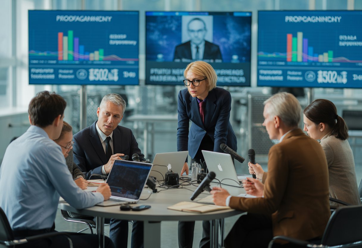 Mehrere Journalisten sitzen an einem Tisch in einem Nachrichtenstudio und diskutieren konzentriert, umgeben von Bildschirmen mit Nachrichten- und Diagramm-Visualisierungen.
