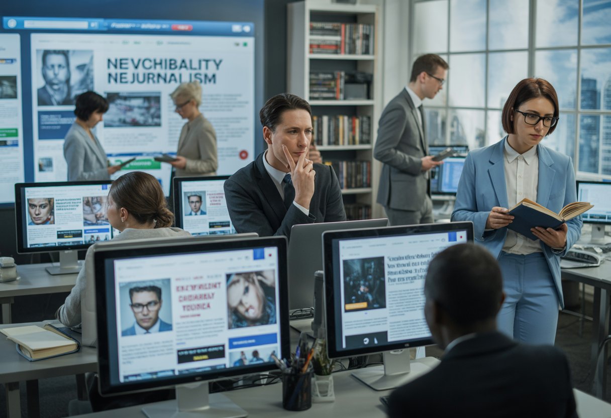 Ein geschäftiges Nachrichtenbüro mit Journalisten, die an Computern arbeiten, einige schauen auf reißerische Schlagzeilen, andere auf gründliche Berichte.