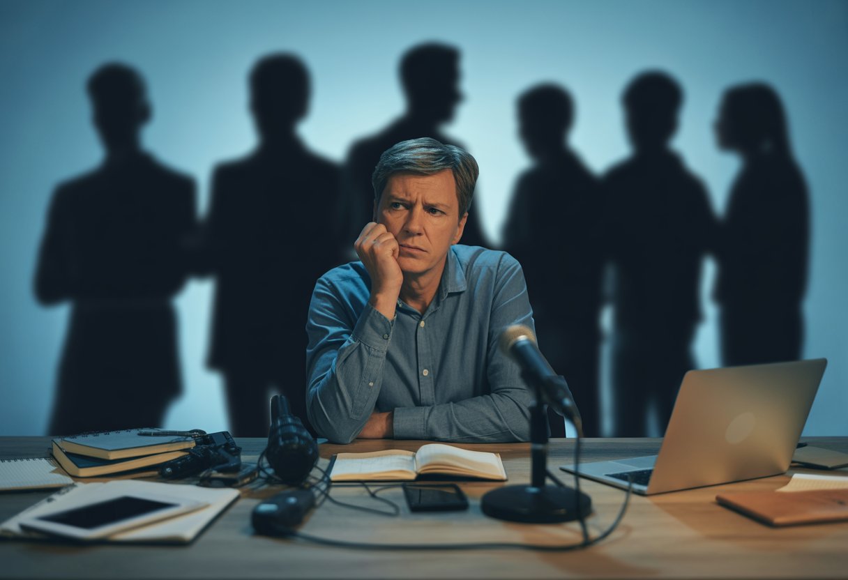 Ein besorgter Journalist sitzt an einem Schreibtisch in einem Nachrichtenbüro, im Hintergrund sind schemenhafte Figuren zu sehen, die Zensur symbolisieren.