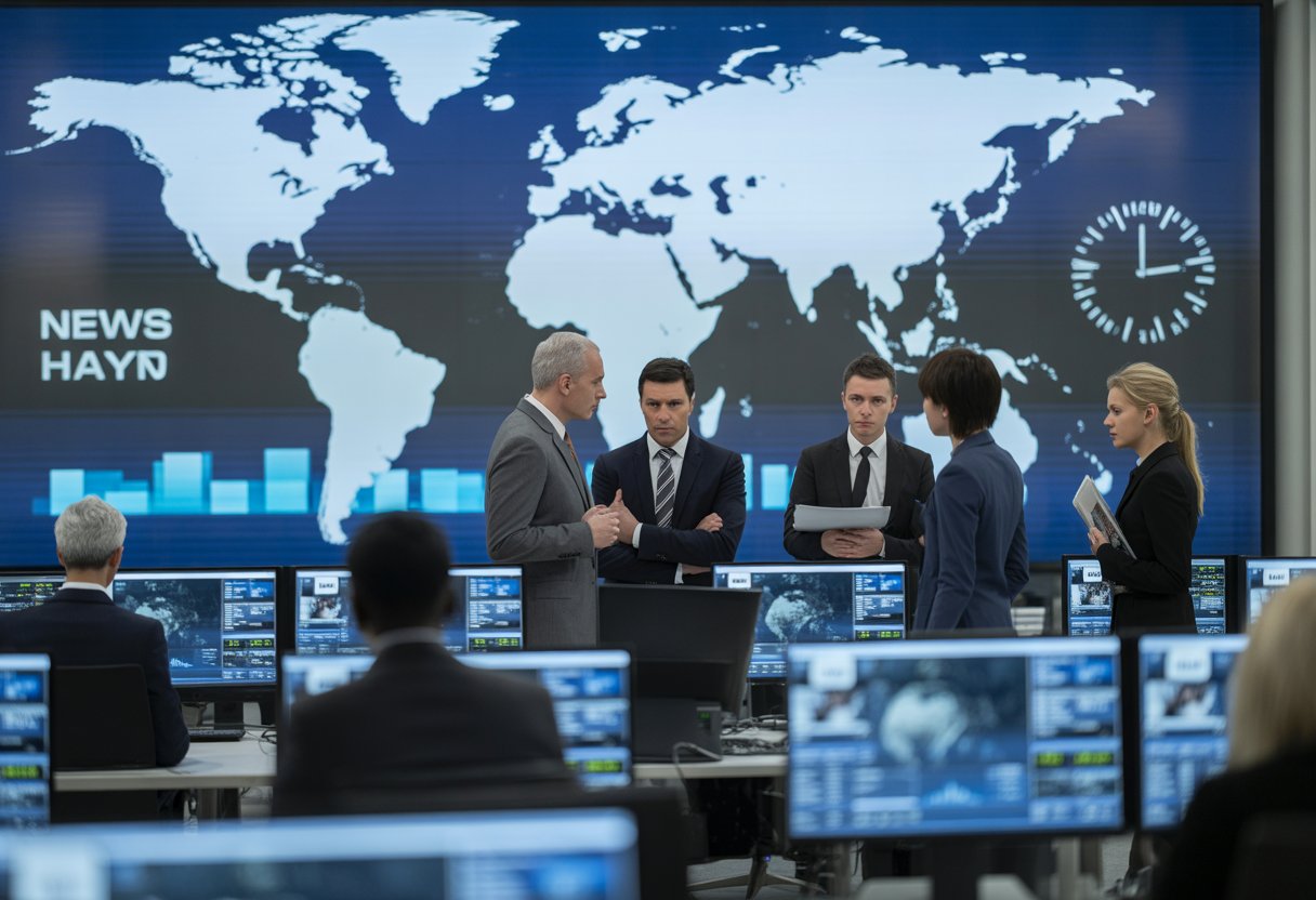 Mehrere Personen in einem Nachrichtenstudio diskutieren vor großen Bildschirmen mit Weltkarte und Datenanzeigen.