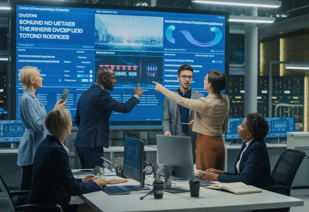 Ein Team von Journalisten und Redakteuren in einem modernen Nachrichtenraum diskutiert konzentriert vor einem großen Bildschirm mit Nachrichtenübersichten.