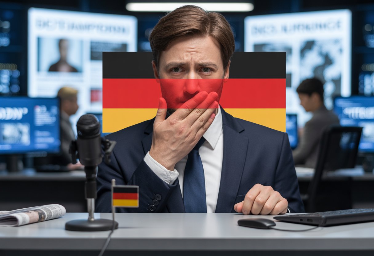 Ein Journalist in einem modernen Nachrichtenbüro wird symbolisch durch eine Hand vor dem Mund daran gehindert zu sprechen, um die eingeschränkte Pressefreiheit in Deutschland darzustellen.