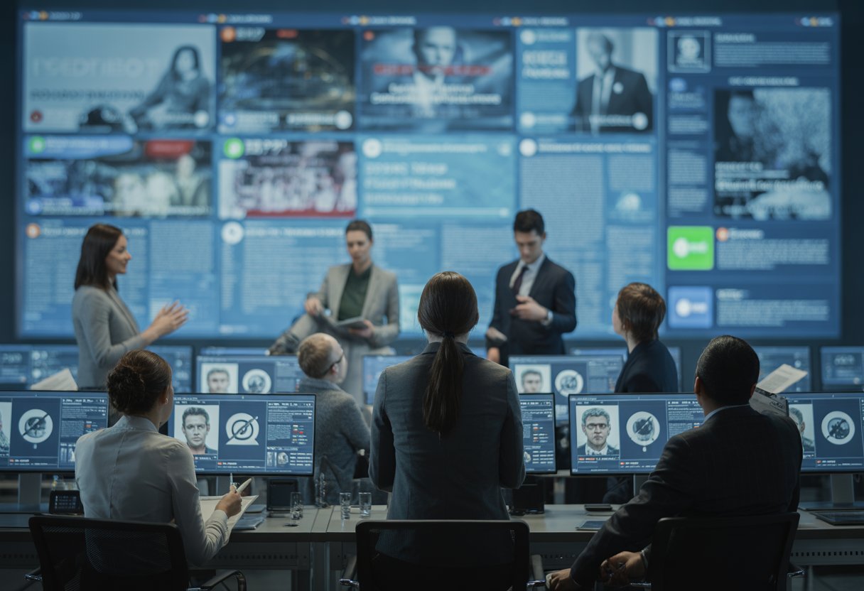 Eine Gruppe von Journalisten arbeitet konzentriert in einem modernen Nachrichtenstudio mit mehreren Bildschirmen und Datenvisualisierungen.