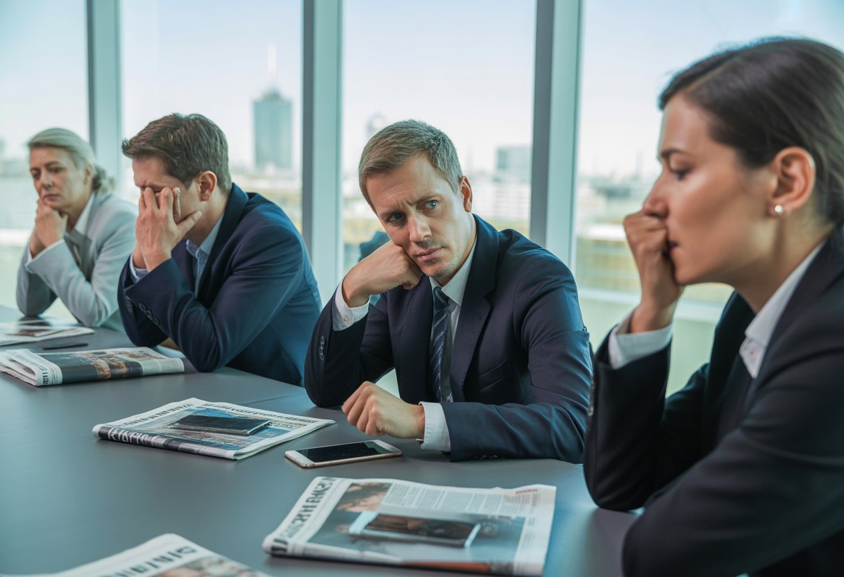 Eine Gruppe deutscher Erwachsener in einem Büro, die müde und gleichgültig wirken, während sie Zeitungen und Smartphones betrachten.