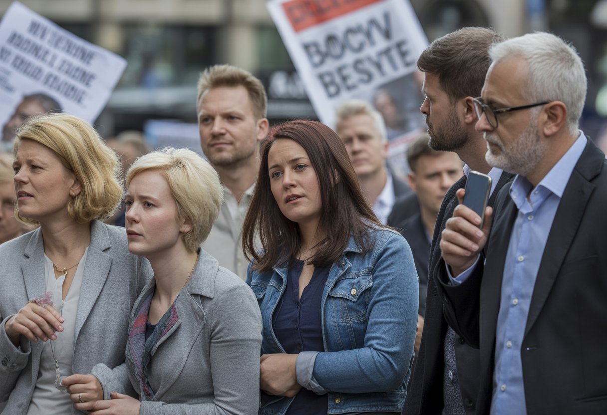 Eine Gruppe von Menschen in einer Stadt, die müde und gleichgültig wirken.