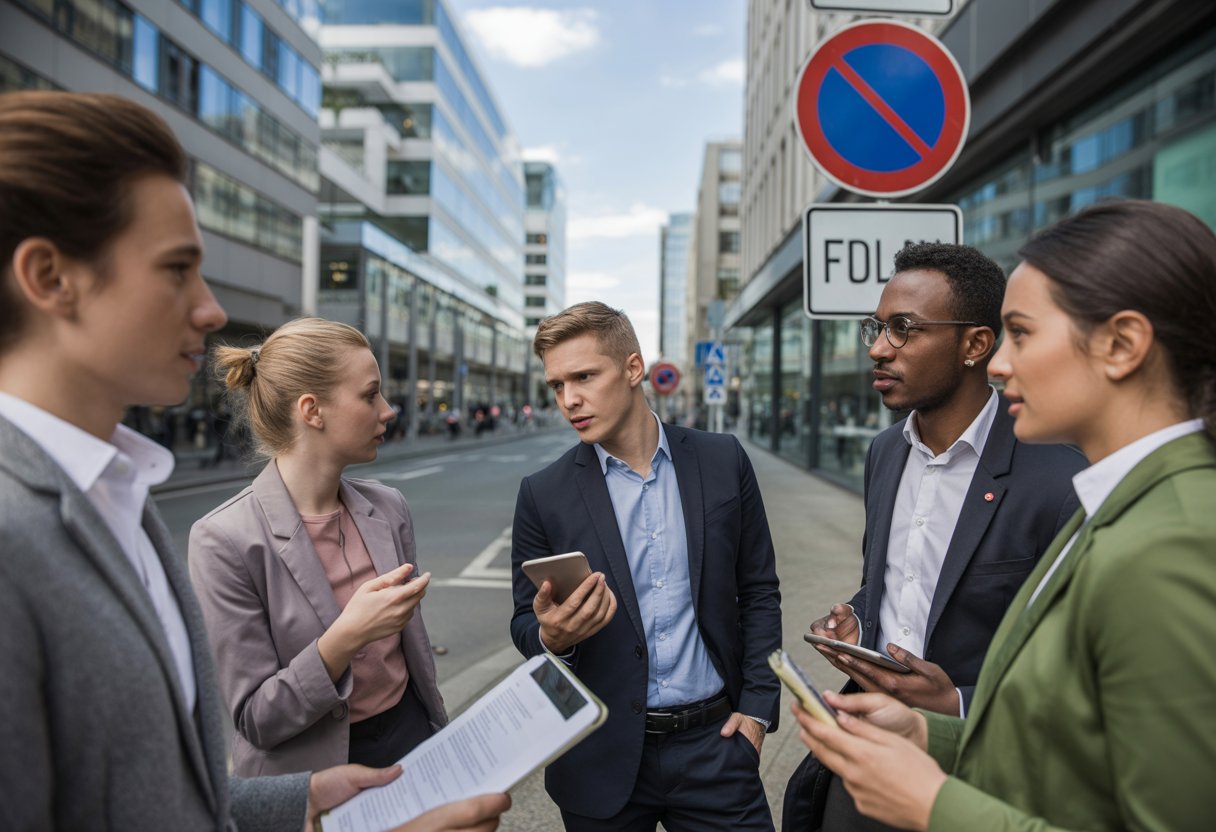 Menschen unterschiedlicher Herkunft unterhalten sich auf einer deutschen Straße mit Verkehrsschildern und modernen Gebäuden im Hintergrund.