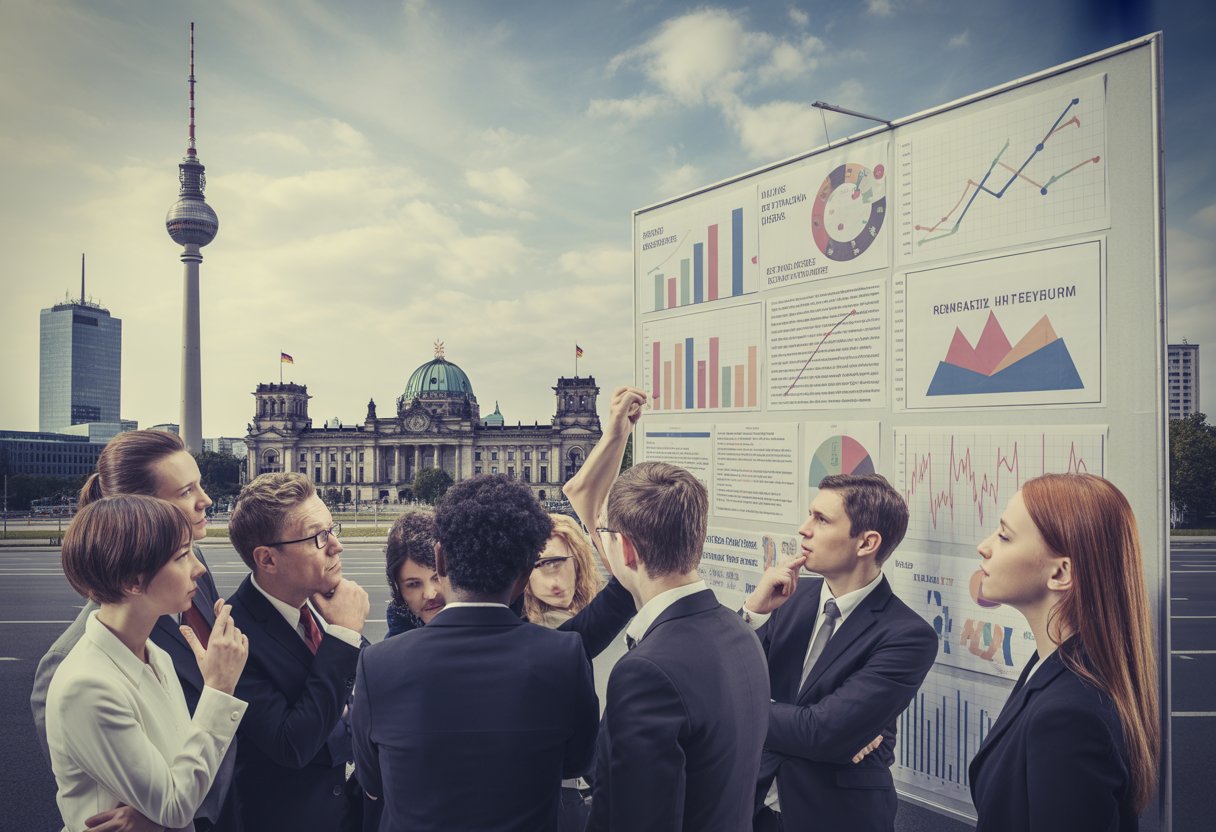 Menschen in Anzügen diskutieren vor einem transparenten Bildschirm mit Diagrammen vor der Berliner Skyline mit Fernsehturm und Reichstag.