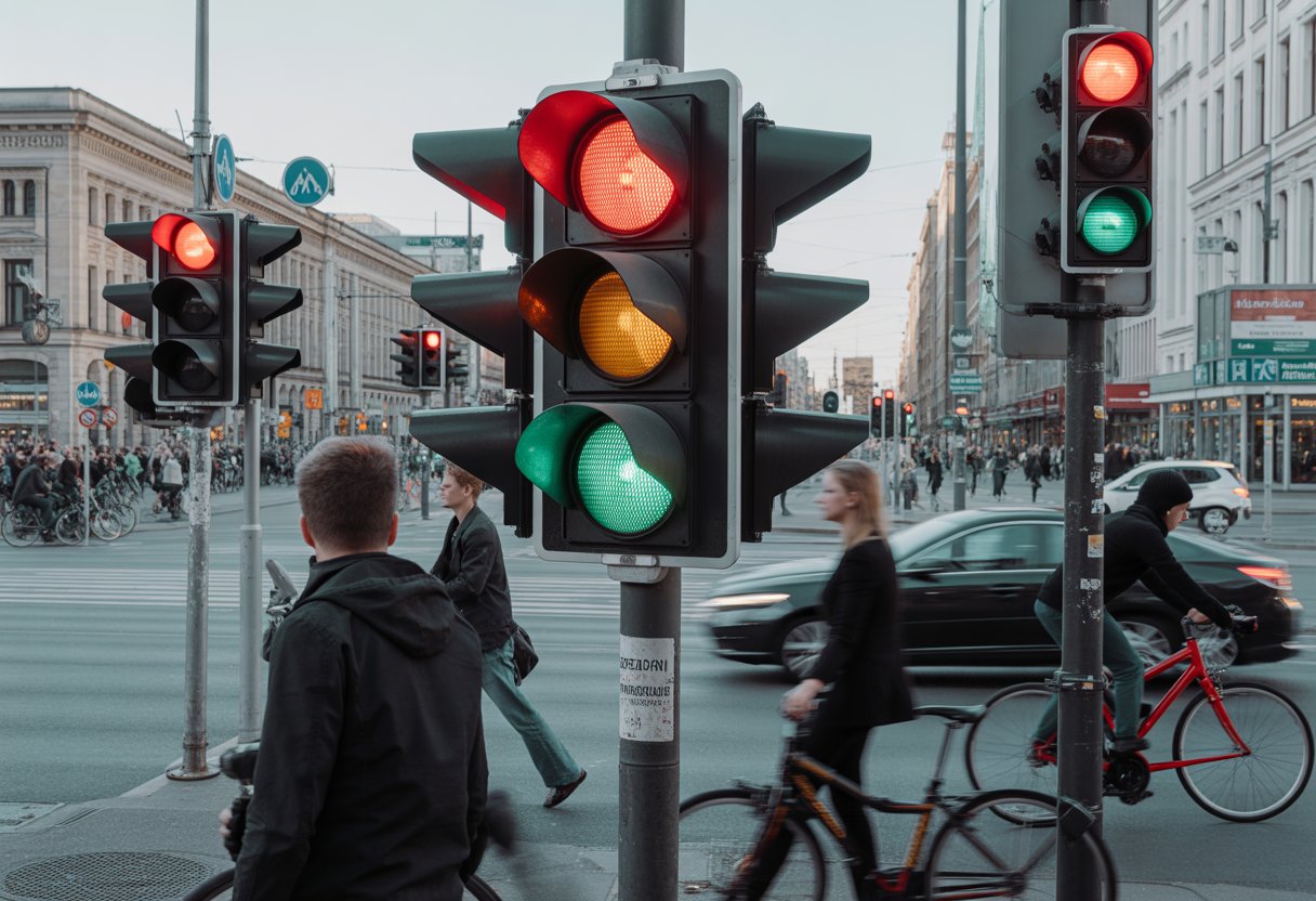 Verkehrskreuzung in Berlin mit mehreren widersprüchlichen Ampelsignalen und zögernden Fußgängern und Radfahrern.