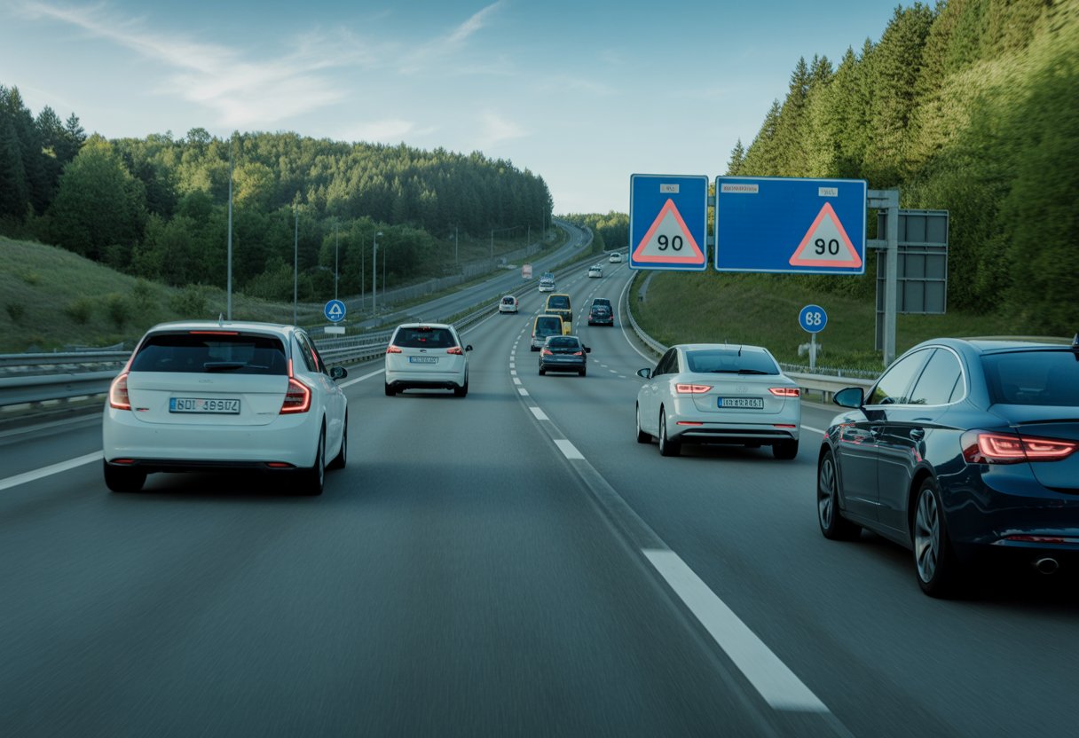 Mehrere Autos fahren auf einer deutschen Autobahn mit Verkehrsschildern, die Tempolimits anzeigen, umgeben von grünen Bäumen unter klarem Himmel.