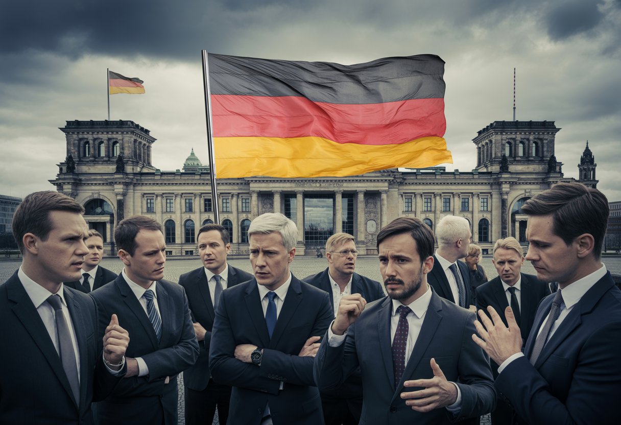 Politiker und Beamte diskutieren angespannt vor einem Regierungsgebäude in Berlin mit deutscher Flagge, unter bewölktem Himmel.