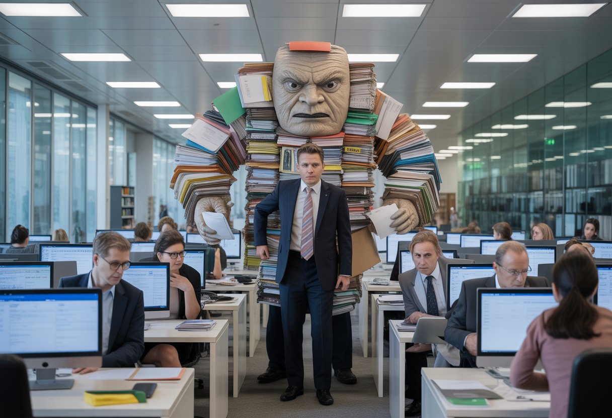 Ein großes bürokratisches Monster aus Akten und Dokumenten steht über einer Gruppe frustrierter Bürger in einem modernen Regierungsbüro.