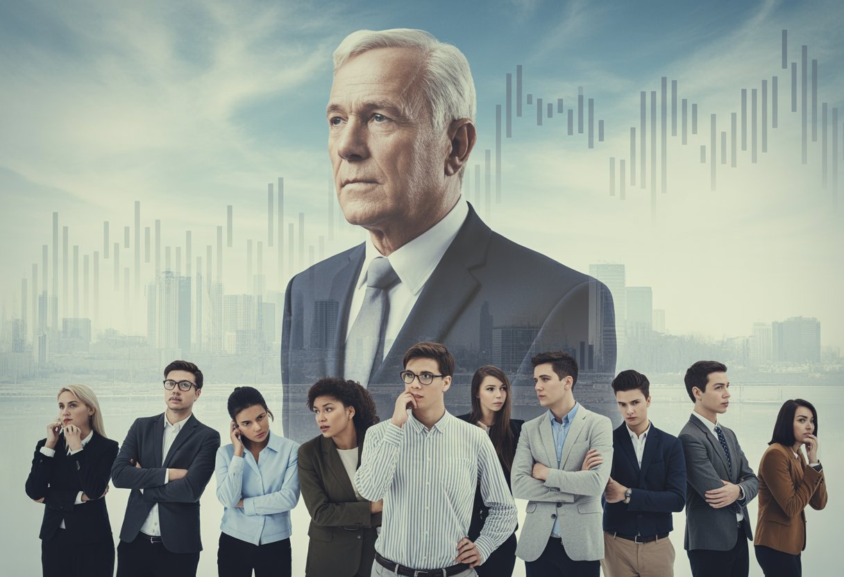 Junge Erwachsene stehen besorgt vor einer großen, halbtransparenten älteren Person, im Hintergrund eine Stadt mit Finanzgrafiken.