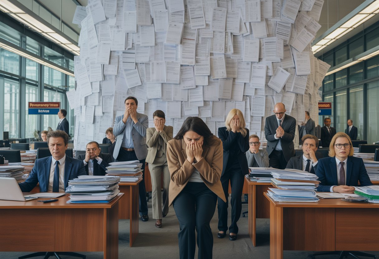 Menschen und Unternehmer wirken frustriert vor einem Berg von Bürokratie in einem Berliner Amt.