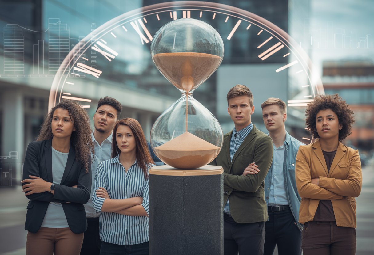 Junge Erwachsene stehen besorgt zusammen in einer Stadt, mit einem großen transparenten Uhrsymbol im Hintergrund, das Zeit und Zukunft darstellt.