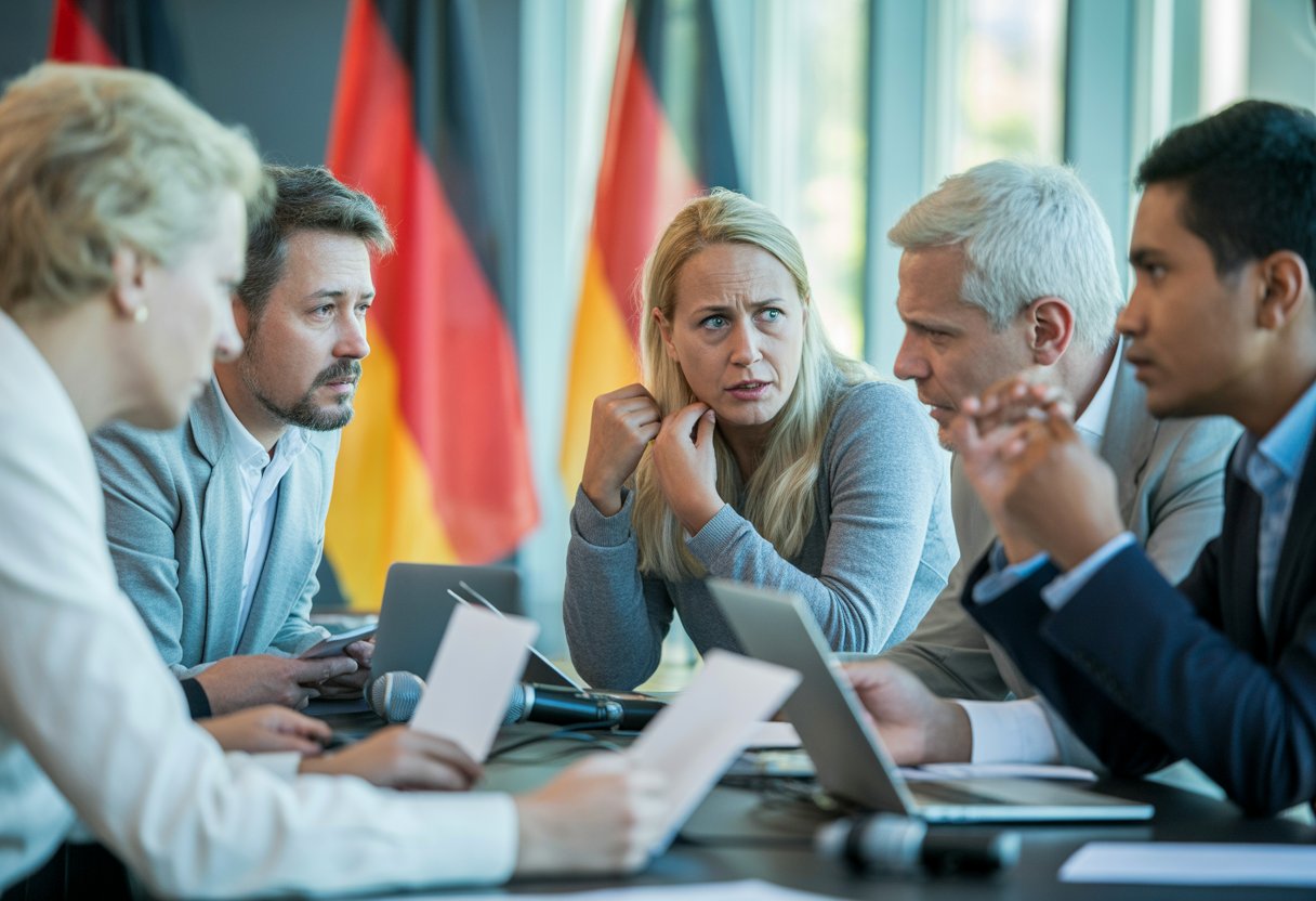 Eine Gruppe von Menschen diskutiert ernsthaft in einem Konferenzraum mit deutschen Flaggen im Hintergrund.
