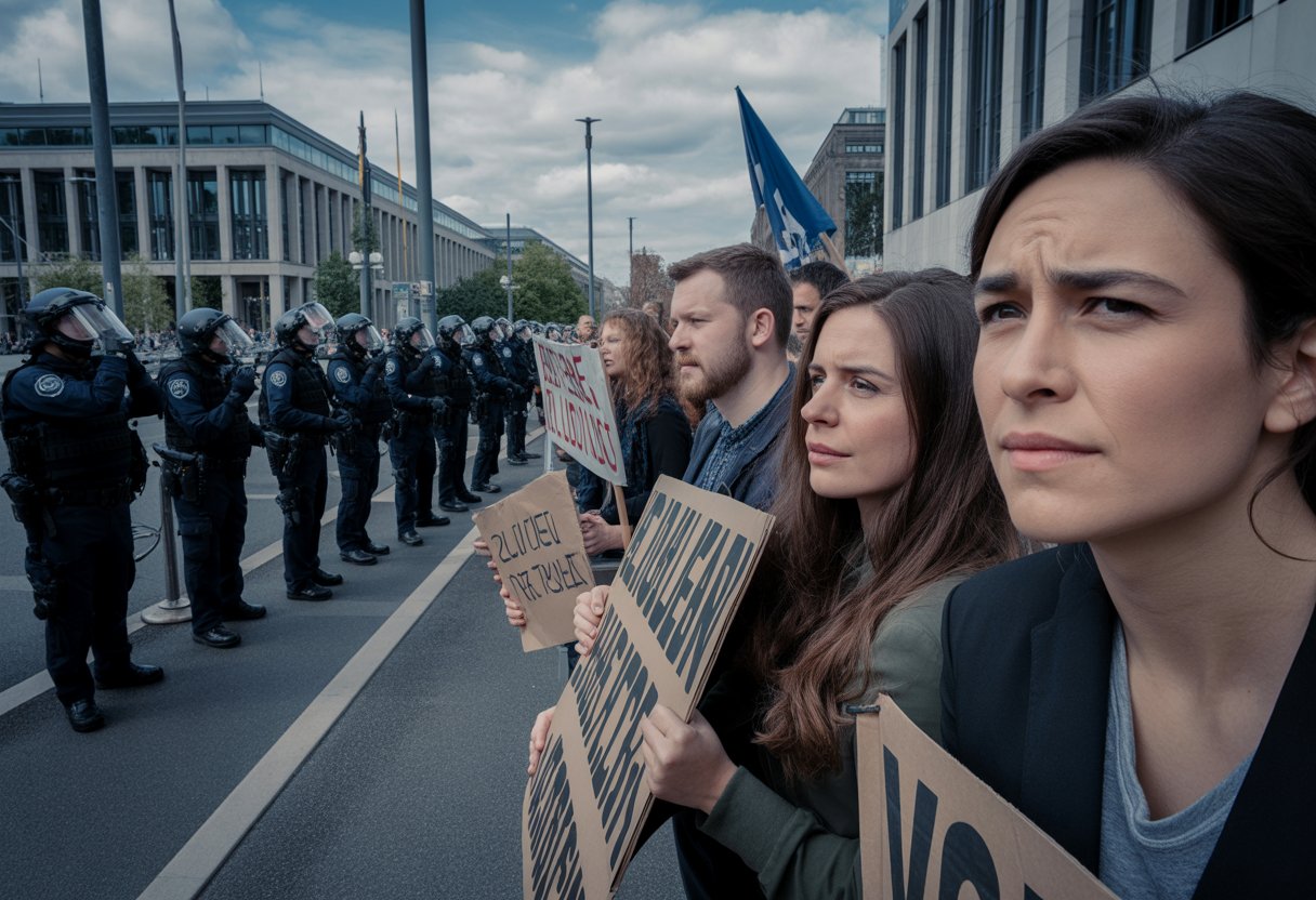 Eine Gruppe von Demonstranten steht vor einer Reihe von Polizisten in Schutzkleidung vor einem Regierungsgebäude.