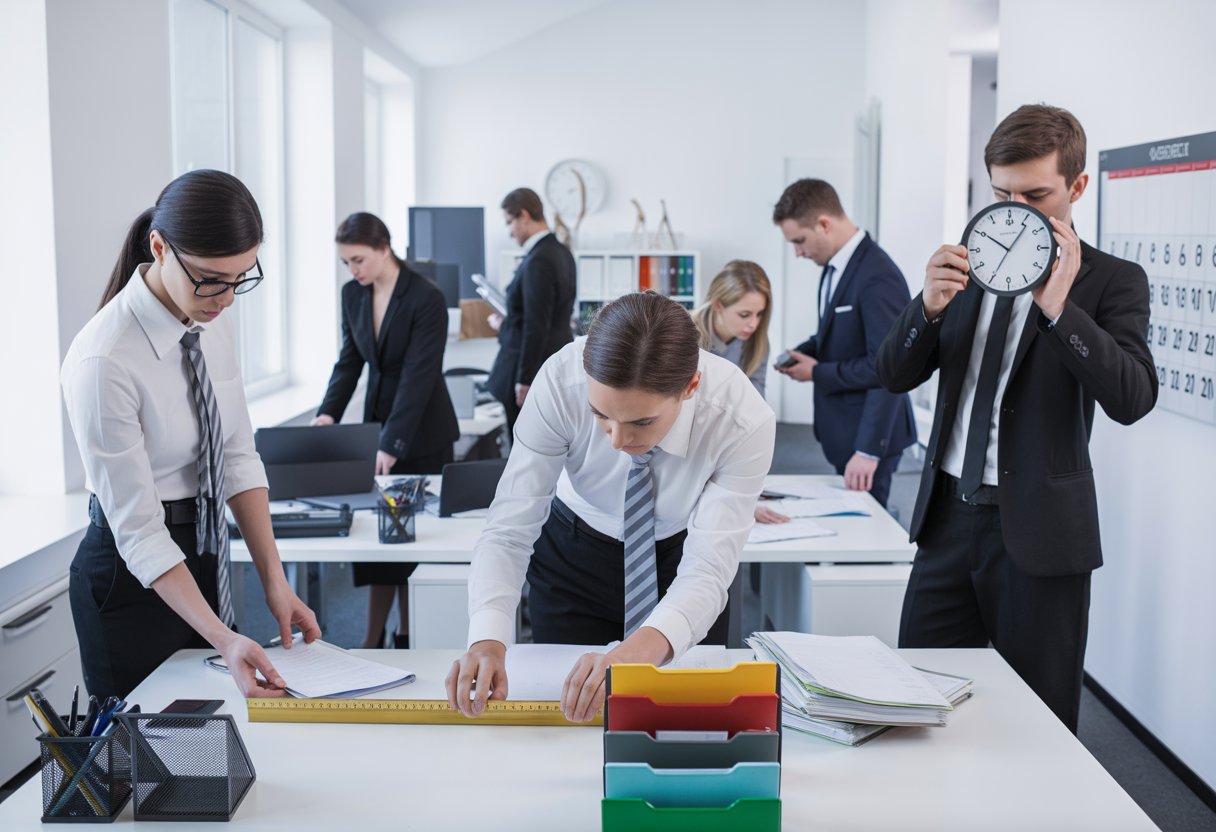 Mehrere Menschen in einem modernen Büro ordnen sorgfältig Dokumente und Bürogegenstände, wirken konzentriert und ernst.