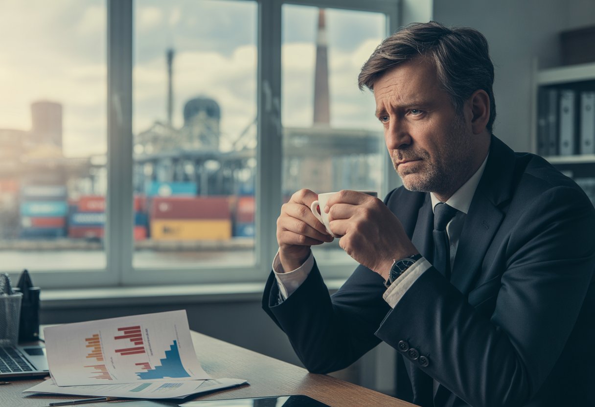 Ein nachdenklicher Geschäftsmann in einem Büro mit Blick auf eine deutsche Stadt und Industrieanlagen, der besorgt wirkt.