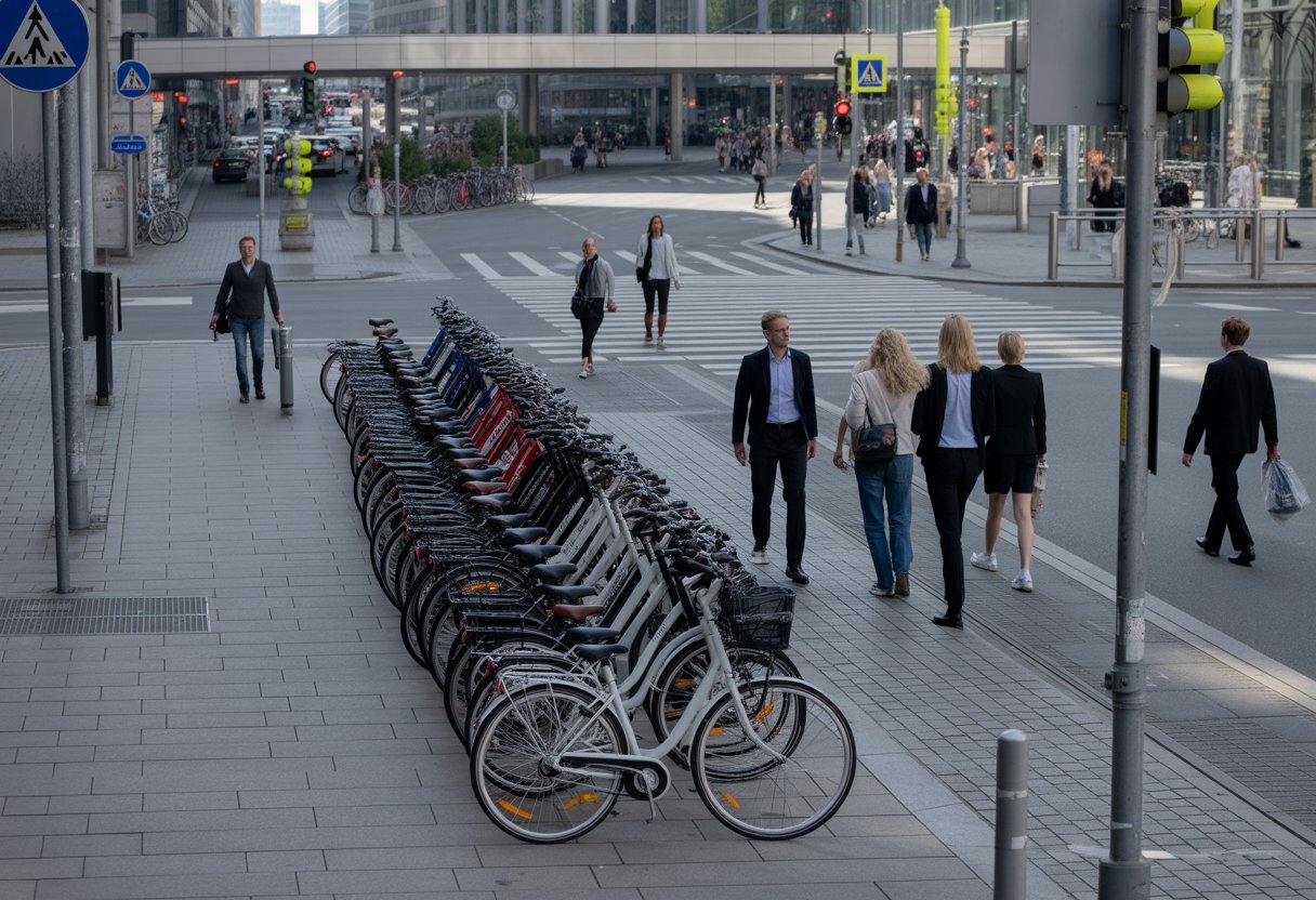 Straßenszene in einer deutschen Stadt mit ordentlich geparkten Fahrrädern, Fußgängern auf dem Bürgersteig und klar sichtbaren Verkehrsschildern.