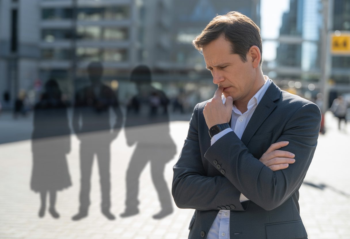 Ein nachdenklicher deutscher Mann steht in einer modernen Stadtumgebung mit verschränkten Armen und besorgtem Ausdruck.