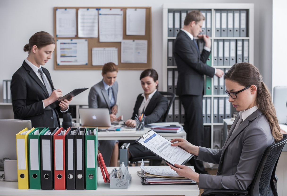 Büroszene mit mehreren Personen, die konzentriert an ordentlich organisierten Schreibtischen arbeiten, umgeben von geordneten Dokumenten und Regalen.