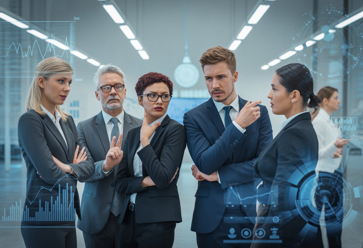 Ein Team von Geschäftsleuten in einem modernen Büro diskutiert ernsthaft und zeigt dabei Bedenken und Nachdenklichkeit.