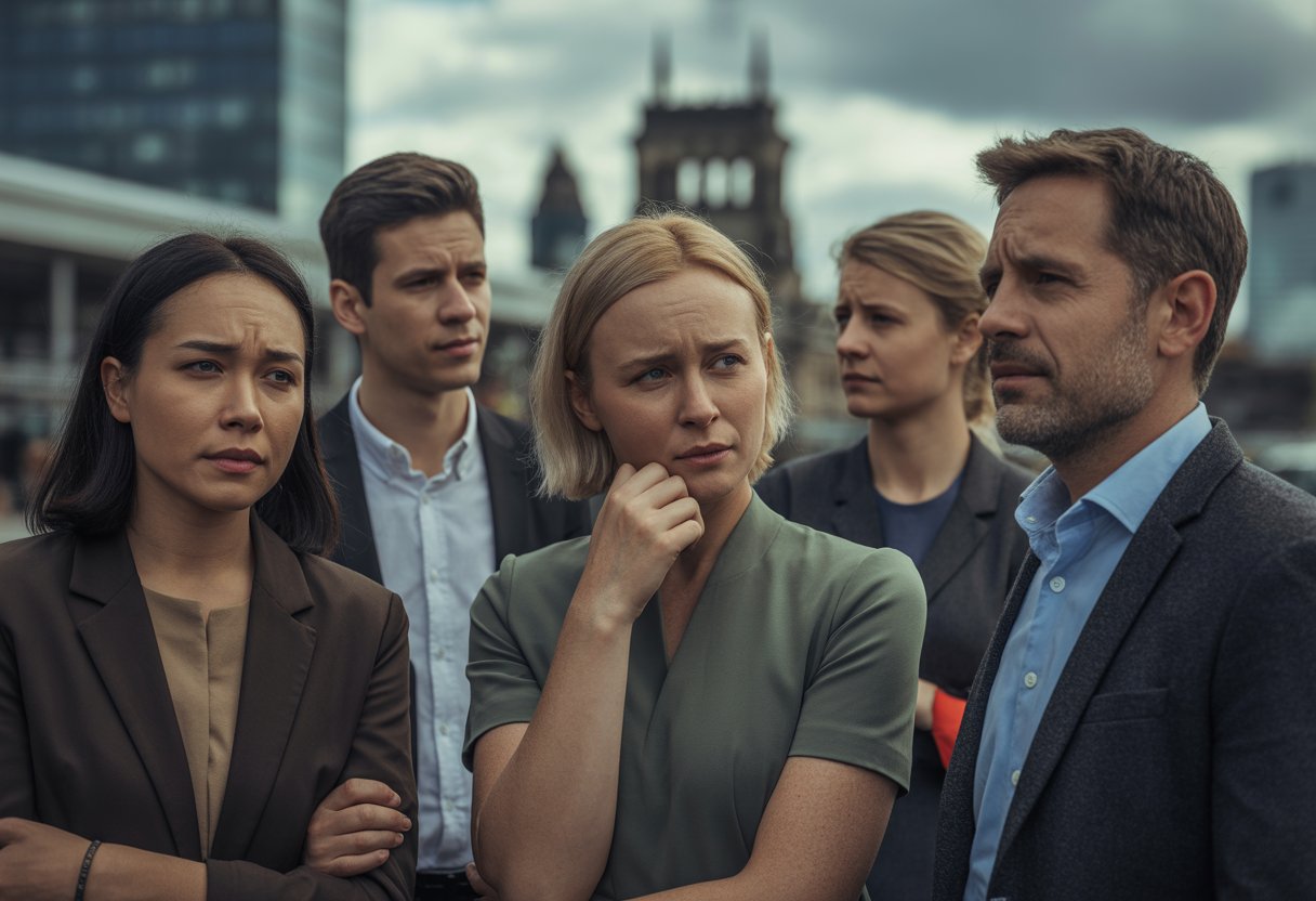 Eine Gruppe nachdenklicher deutscher Erwachsener in einer Stadt mit moderner Architektur im Hintergrund.